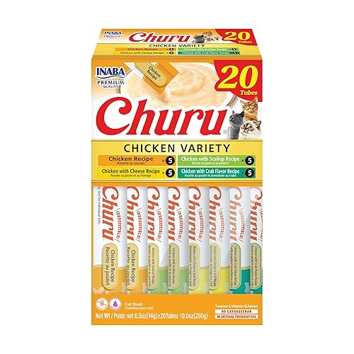 INABA Churu Cat Treats, Grain-Free, Lickable, Squeezable Creamy Purée Cat Treat/Topper with Vitamin E & Taurine, 0.5 Ounces Each Tube, 20 Tubes, Chicken Variety Box - Chicken Variety Box