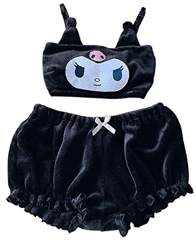 Kawaii Anime Cute Pajamas Set for Women Sweet Lovely Velvet Tube Top and Shorts Two Piece Cartoon Sleepwear Sets - Black - Small