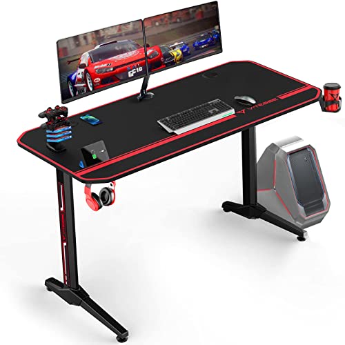 VITESSE Ergonomic Gaming Desk 55 Inch, T Shaped Office PC Computer Desk with Full Desk Mouse Pad, Gamer Tables with Gaming Handle Rack, Cup Holder Headphone Hook - 55 inch - Black