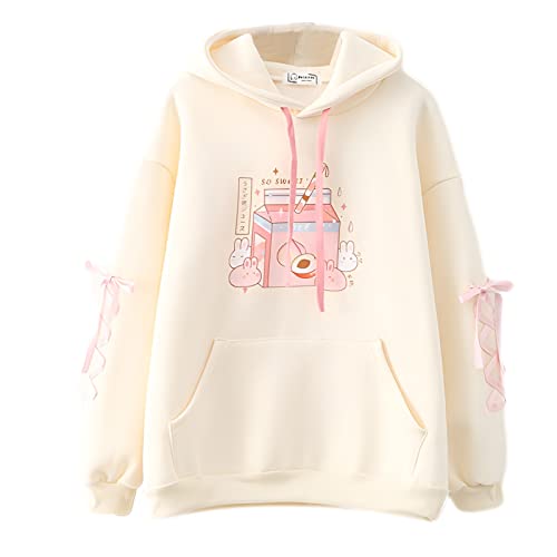 Cuteighteen womens Japanese Casual Lolita Kawaii Graphic Hoodie Loose Fit Hooded Sweatshirt - Medium - Beige