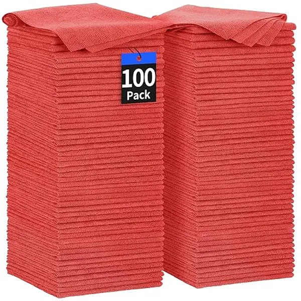 HOMERHYME Shop Towels, 100 Pack Detailing Rags Microfiber Cleaning Cloth Bulk Absorbent Lint-Free Microfiber Towels for Mechanic, Automotive, Industries, Garage & Housekeeping 11.5"*11.5" Red