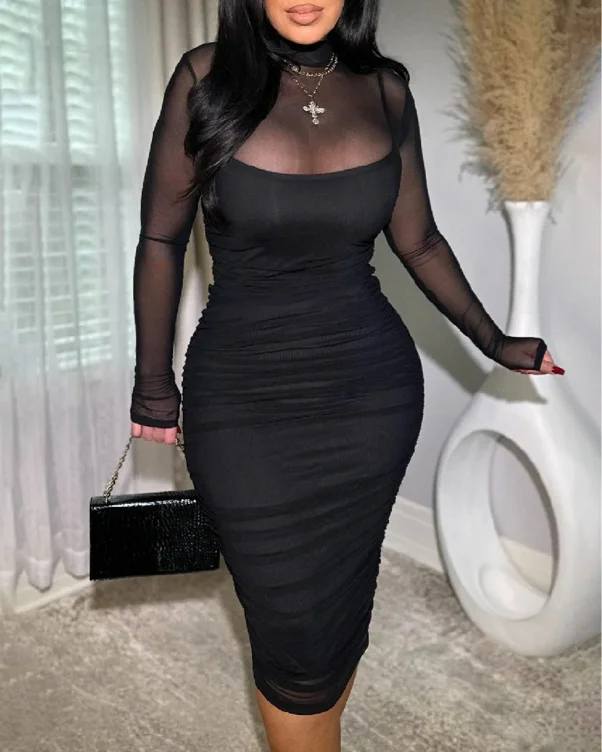 Women's Ruched Mesh Sheer Mock Neck Long Sleeve Midi Bodycon Dress