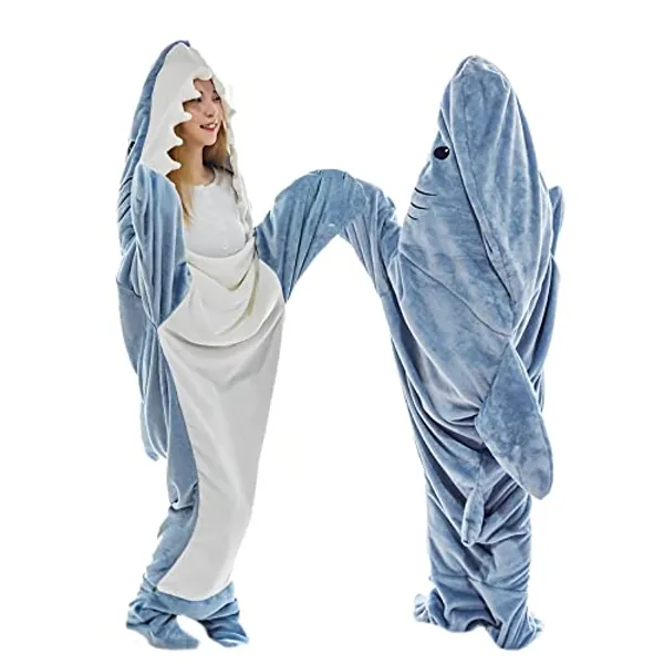Tzlopfsz Shark Blanket for Adult Kids - Wearable Shark Blanket Hoodie,Cartoon Animals One-Piece Blanket,Cute Funny Blue Shark Flannel Hoodie for Girls Interesting Blanket Gifts - Large - Blue