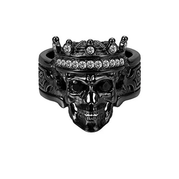Silver/Black Skull King Ring for Men with Crown Eye Stones - Biker Jewelry Birthday Gift for him - Mens Skeleton Punk Ring with Delicate Gift Box - Black - 12
