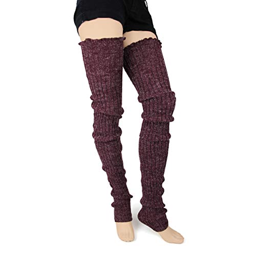 Foot Traffic Women's Cable-Knit Leg Warmers, Acrylic/Nylon Knee- and Thigh-High Socks for Women, Super Long, Burgundy