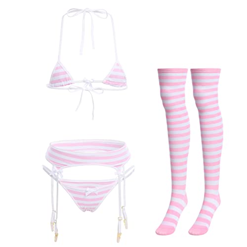 ABAFIP Women Cute Kawaii Anime Lingerie set Halter Strap Micro Bra Tiny Panty Garter Belt Striped Stockings 4Pcs Underwear - One Size - Pink