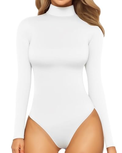 MANGOPOP Women's Mock Turtle Neck Long Sleeve Tops Bodysuit Jumpsuit - Small - 16 Long Sleeve White