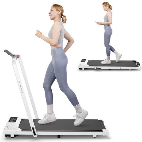 SupeRun 2 in 1 Under Desk Treadmill, 3.0HP Folding Treadmill with 300 LBS for Home, Portable Compact Walking Pad with 12 Programs - White