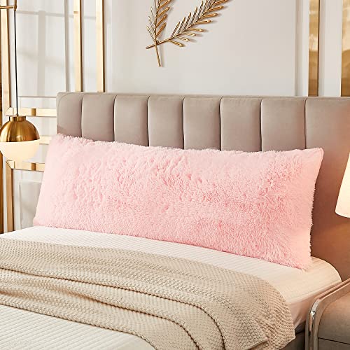 JAUXIO Faux Fur Fluffy Body Pillow Cover Luxury Shaggy Plush Decorative Solid Body Pillowcase, Ultra Soft and Cozy Zipper Closure 21 x 54 Inches, Pink - Pink - 21" x 54"
