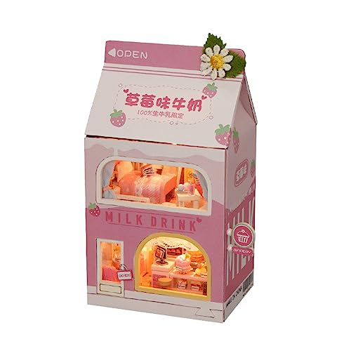 SYW Milk Carton Shape Miniature Dolls House, DIY Dollhouse Furniture Kit,Duplex Cabin Accessories Creative Room Birthday New Year Gift for Boy Girl (Pink) - Pink