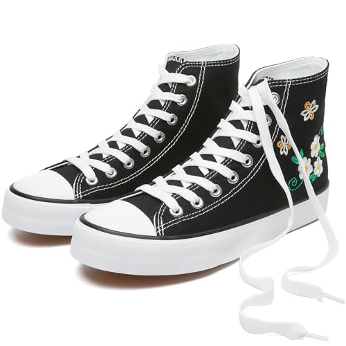 hash bubbie Unisex Fashion High top Sneakers Womens Classic High Tops Canvas Shoes Casual Tennis Shoes for Men - 9 Women/7 Men - Black Flower