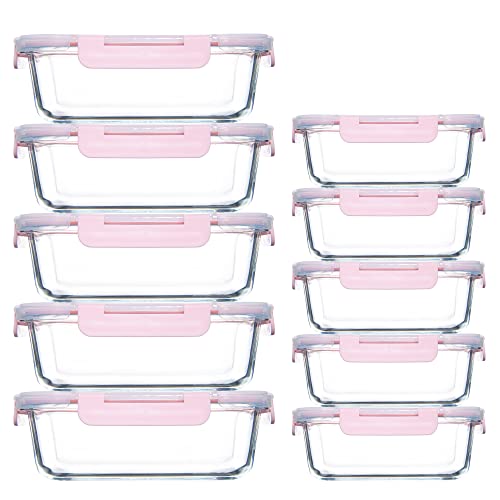YANGNAY 10 Pack Glass Food Storage Containers with Airtight Lids, Leak-Proof Meal Prep Containers with Lids, Dishwasher/Microwave/Oven/Freezer Safe (Pink) - Pink