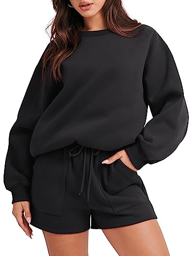 ANRABESS Women 2 Piece Outfits Sweatsuit Oversized Sweatshirt & Lounge Shorts 2023 Casual Cozy Pajamas Tracksuit Set - Black - Large
