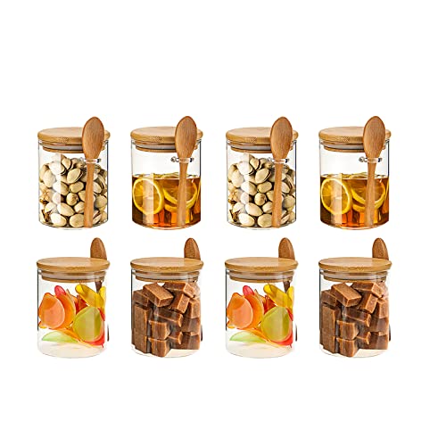 JOUALY 8-Pack Glass Food Storage Jar 8 oz,100% Sealed Borosilicate Glass Bamboo Glass Jars with Bamboo Lid and Bamboo Spoon for Candy, Spices, Coffee Beans, Nuts, Condiments, Cookies, Flour,Tea - 8Oz-8Pack