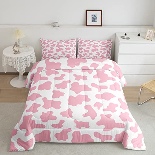 Kid Cartoon Bedding Set Pink Cow Print Duvet Insert Queen,Milk Cow Animal Cowhide Comforter Set Farm Animals Duvet Filler for Toddler Teen Boys Girls Farmhouse Bull Cattle Kawaii Room Decor - Multi 16 - Queen