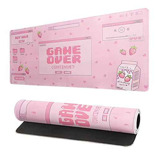 Pink Gaming Mouse Pad 31.5 X 11.8 Inch Pastel Game Over Large Mousepad Kawaii Office Decor for Women Non-Slip Rubber Base Stitched Edges Keyboard Mouse Mat Desk Pad for Office Home and Game - Game Over