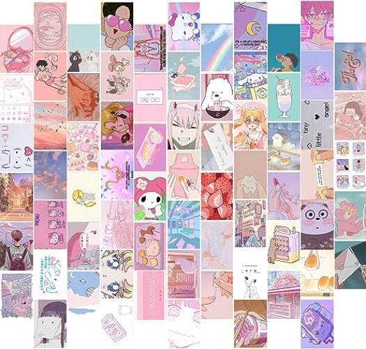 KBKBART Anime Aesthetic Wall Collage Kit, 70pcs Kawaii Room Decor, Pink Cartoon Assembled Print Card Set, Anime Photo Wall Collage Posters for Room Aesthetic, Cute Danish Pastel Wall Art 4x6 for - 4x6 inchx70pcs - Kawaii Wall Collage Kit
