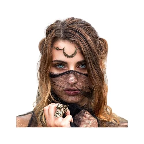 Aimimier Viking Crystal Head Chain Moon Head Chain Halloween Circlet Headpiece Crescent Moon Forehead Chain Crystal Headband Prom Hair Jewelry for Women (Retro gold)