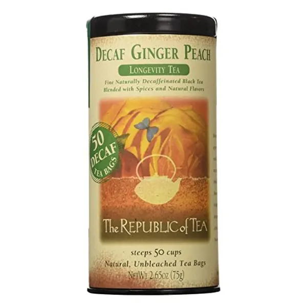 The Republic of Tea Decaf Ginger Peach Black Tea, Tin of 50 Tea Bags