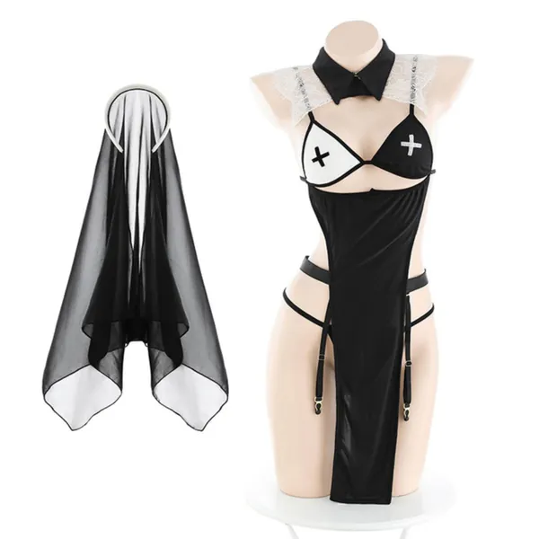 Juig Sexy Lingerie Nonne Uniforme Passion Sorcière Costumes Femmes Adultes Cosplay Robe avec Voile Noir Anime Halloween Party Maid Outfit, Taille unique