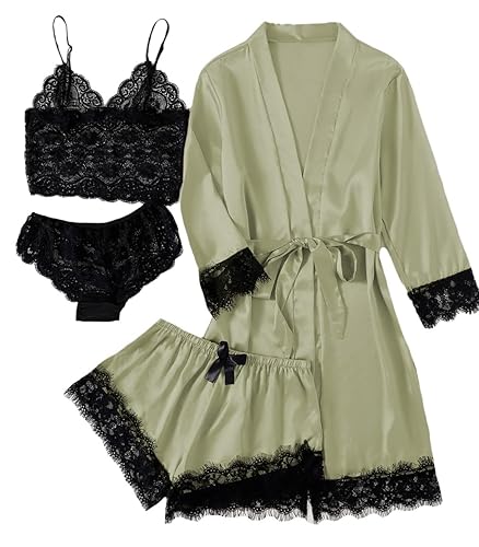 LYANER Women's 4pcs Sleepwear Satin Floral Lace Trim Cami Pajama Set with Robe - Small - Pea Green