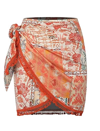 ZAFUL Slit Skirt for Women Boho Print Tie Side Wrap Tassel Casual Beach Mini Skirt - C-boho-orange - Small
