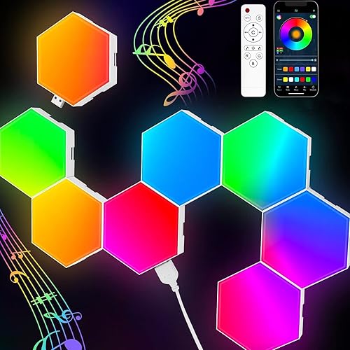 Hexagon Lights (8 Pack) LED Wall Panels, TISOFU RGB Gaming Lights with APP, Smart Modular Panel Hex Tiles Push Glide Expansion Shapes Lights - 8 Pack