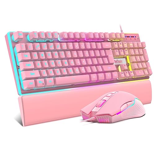 RedThunder K10 Wired Gaming Keyboard and Mouse and Wrist Rest Combo, RGB Backlit, Mechanical Feel Anti-ghosting Keyboard + 7D 7200 DPI Mice+Soft Leather Wrist Rest 3 in 1 PC Gamer Accessories(Pink) - Pink