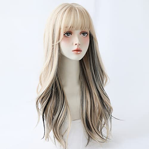 URCGTSA 22 Inches long Wavy Hair Wig for Women Blonde Black Synthetic Hair Natural Curly Wig With Air Bangs Party Cosplay Wig for Girl (Cream with black) - Cream with black