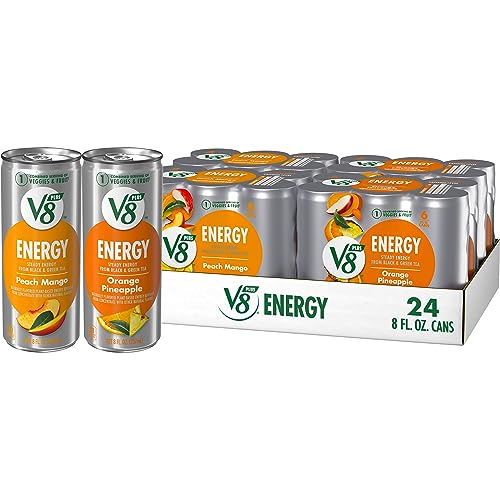 V8 +Energy Peach Mango and Orange Pineapple Juice Energy Drinks, 8 fl oz Can (24 Pack) - Peach Mango and Orange Pineapple - 8 Fl Oz (Pack of 24)