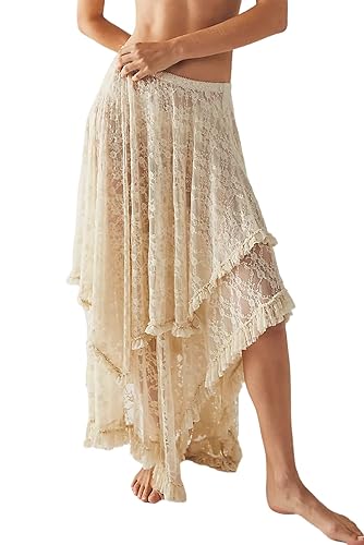 R.Vivimos Women Lace Long Skirts Summer Elastic Asymmetrical Layered Hem Sexy See-Through Beach Floral Maxi Skirts - Small - Beige