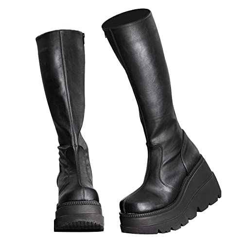 CELNEPHO Womens High Platform Mid Calf Wedges Chunky High Heel Round-Toe Side Zip Punk Combat Boots For Women - 7 - M-black