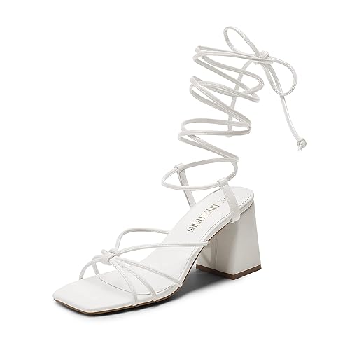 DREAM PAIRS Women's Lace Up Heels Strappy Block High Heel Square Open Toe Chunky Sandals for Party Travel Date - 7.5 - White