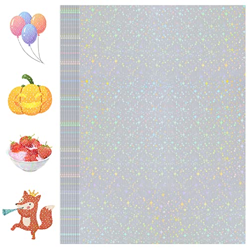 Holographic-Sticker Paper, 24 Sheets Holographic-Paper 8.5" x 11" Self-Adhesive Vinyl-Sheets Transparent-Holographic Film Permanent Laminate for Stickers DIY Craft US Letter-Size - Star-Pattern