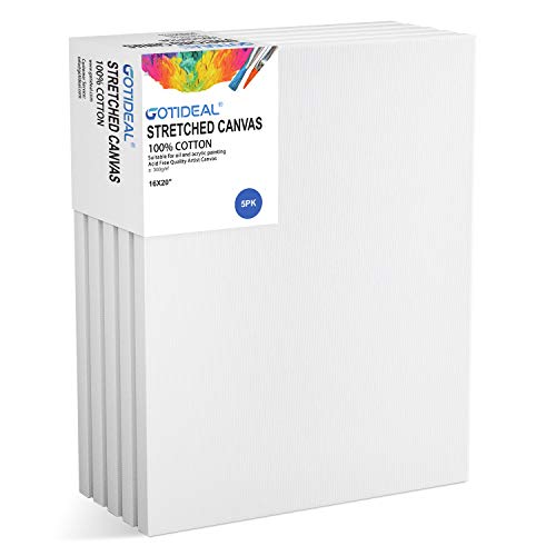 GOTIDEAL Stretched Canvas, 16x20 Inch Set of 5, Primed White - 100% Cotton Artist Canvas Boards for Painting, Acrylic Pouring, Oil Paint Dry & Wet Art Media - White - 16"x20"