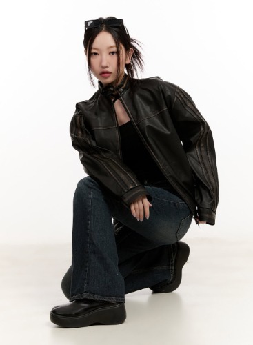 Unisex Oversized Faux Leather Jacket CM507 | Black / M/L