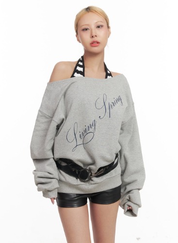 Graphic Off-Shoulder Oversized Sweatshirt CM506 | Gray / M/L