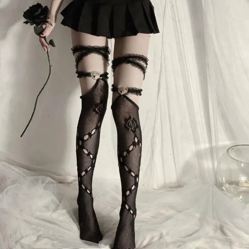 Rose Design Thigh-High Fishnet Tights with Free Shipping