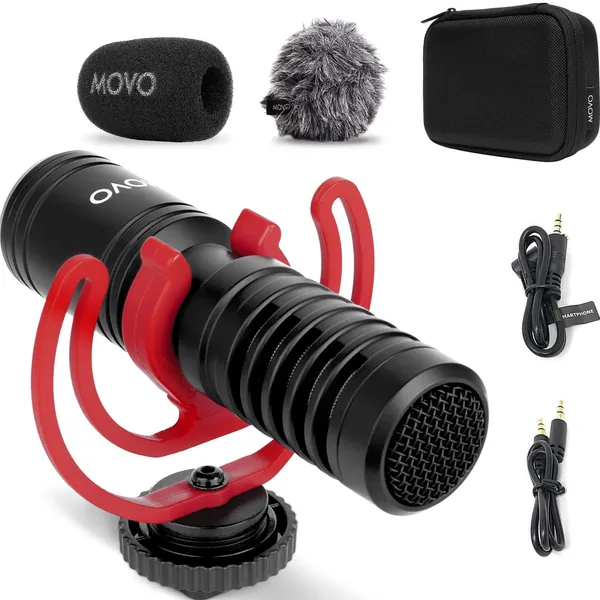 Movo VXR10-PRO External Video Microphone for Camera with Rycote Lyre Shock Mount - Compact Shotgun Mic and Accessories Compatible with Smartphones and DSLR Cameras - Battery-Free DSLR Microphone