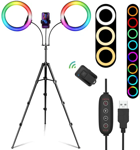 10" Selfie Ring Light with Tripod Stand and Phone Holder(Extendable 71"), SEBIDER 26 RGB Dimmable LED Dual-Circle Light for TikTok/Live Stream/Makeup/YouTube Video, Compatible with iPhone & Android - Double 10"