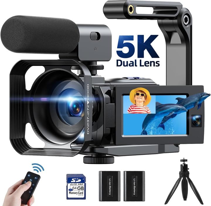 5K-videokamera 56 MP videokamera dubbelobjektiv WiFi IR-mörkerseende vlogging-kamera för YouTube 16X digitalzoom 3-tums pekskärm videoinspelare med 2 batterier, 64 G SD-kort, mikrofon, fjärrkontroll,