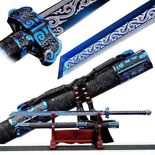 High Carbon Steel Chinese Sword Tang Dynasty Dao Straight Blade Dragon Pattern Sheath - blue