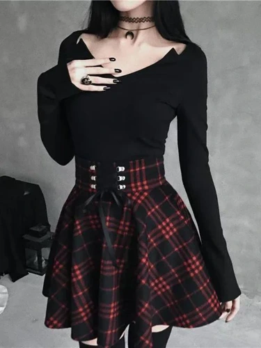 Zwarte Geruite Vrouwen Gothic Rok Vrouwen Geplooide Plaid Rokken Lente Herfst Meisje Hip Hop Vrouwelijke Punk Goth Mini Rok clubwear - AliExpress 