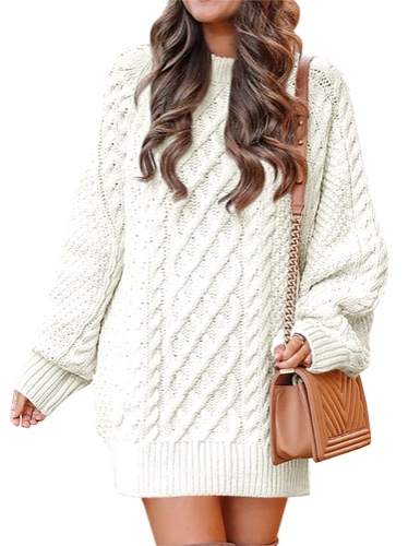 ANRABESS Women Crewneck Long Sleeve Oversized Cable Knit Chunky Pullover Short Sweater Dresses - White Small