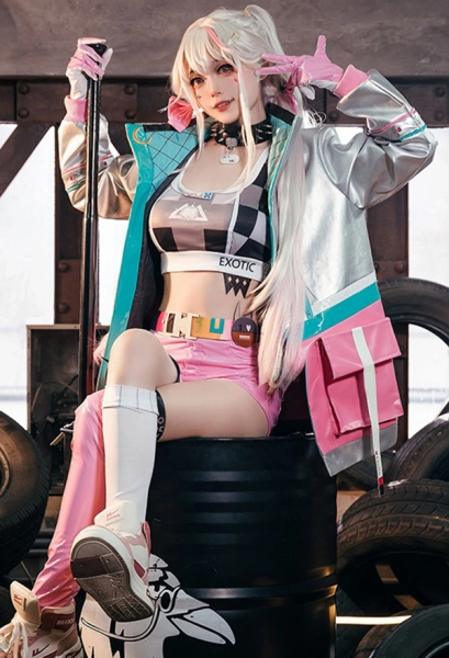 Goddess of Victory: Nikke Jackal Cosplay Costume Top and Shorts and Jacket with Gloves Belt Socks