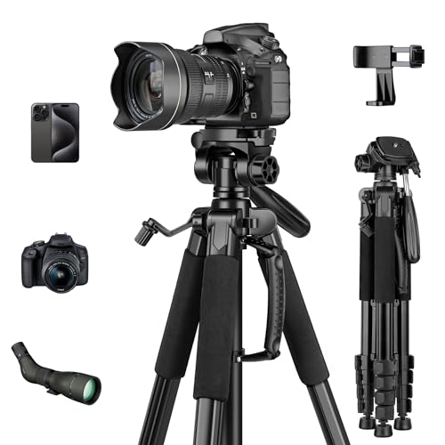 JOILCAN 75" Camera Tripod, Tripod for Camera Cell Phone, Aluminum Heavy Duty Tripods Stand, Tall Travel Tripod with Remote Carry Bag Compatible with iPhone Canon Nikon DSLR Camera Laser Projector - 75 Inch - Black-75