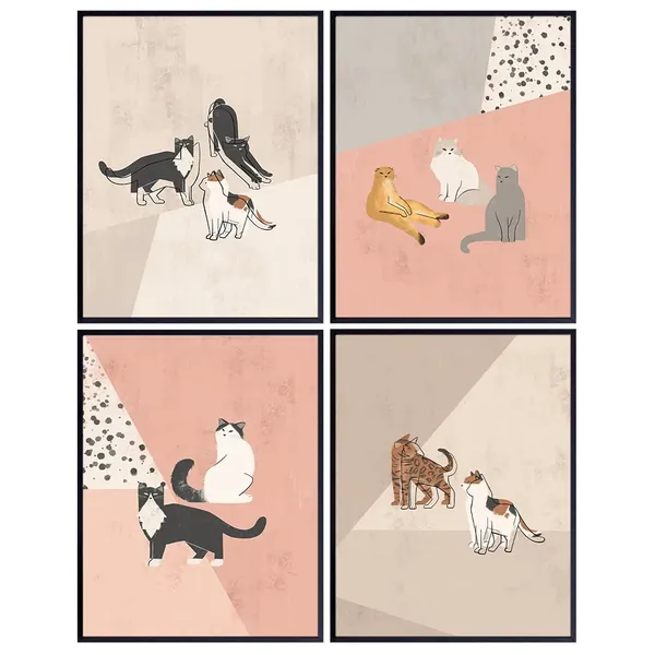 Abstract Minimalist Cat Wall Decor - Mid Century Modern Cat Lover Gifts For Women - Aesthetic Posters - Cute Cat Wall Art - Wall Collage Kit - Boho Bohemian Decor - Geometric Line Art Wall Decor - 