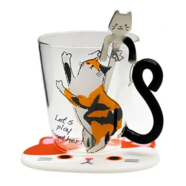 
                            THUMB UP Cute Kitty Cat Glass Juice Coffee Cup Milk Tea Coffee Mug Cat Tail Handle Cat Lovers Gifts Set Includes Cute Kitten Coaster and Kitty Stainless Spoon (Playing Cat)
                        