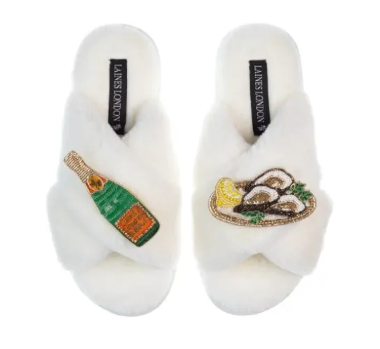 Classic Laines Slippers With Oysters & Champers Bottle - Cream