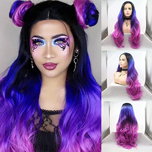 Colour Blue Ombre Dark Purple Rose Red Synthetic Lace Front Wigs for Women 4 Tone Color Heat Resistant Party Cosplay Drag Queen Wigs (Colour Blue Ombre Dark Purple Rose Red)